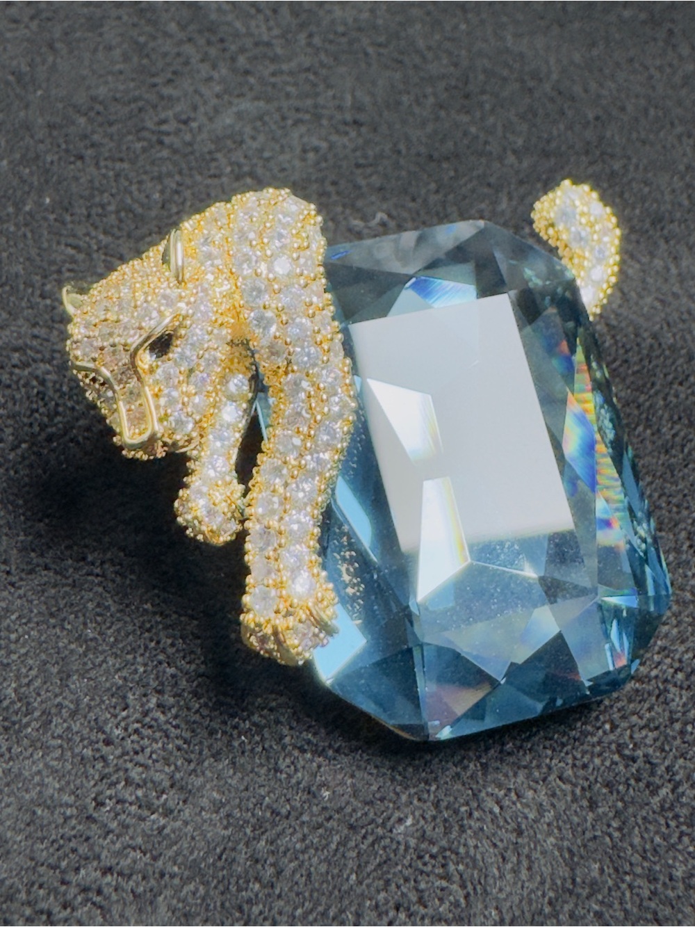 Gold-Tone Panther Crystal Brooch with Deep Teal Stone - Picture 6 of 10
